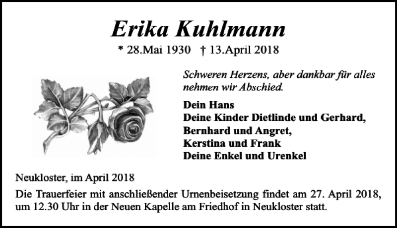 Traueranzeigen Von Erika Kuhlmann Trauer Anzeigen De