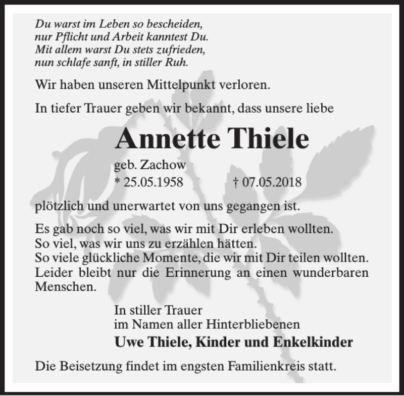 Traueranzeigen Von Annette Thiele Trauer Anzeigen De