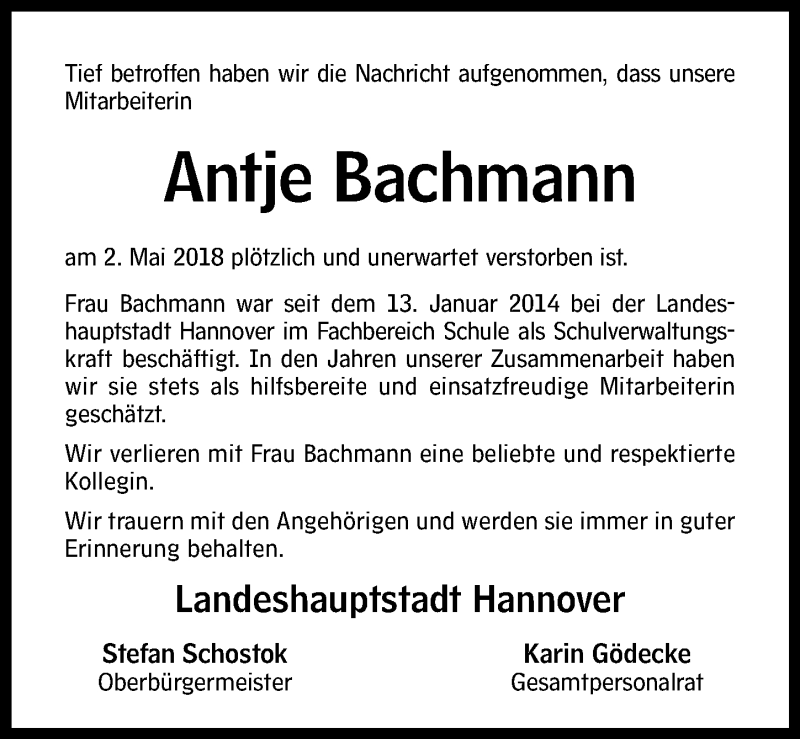 Traueranzeigen Von Antje Bachmann Trauer Anzeigen De