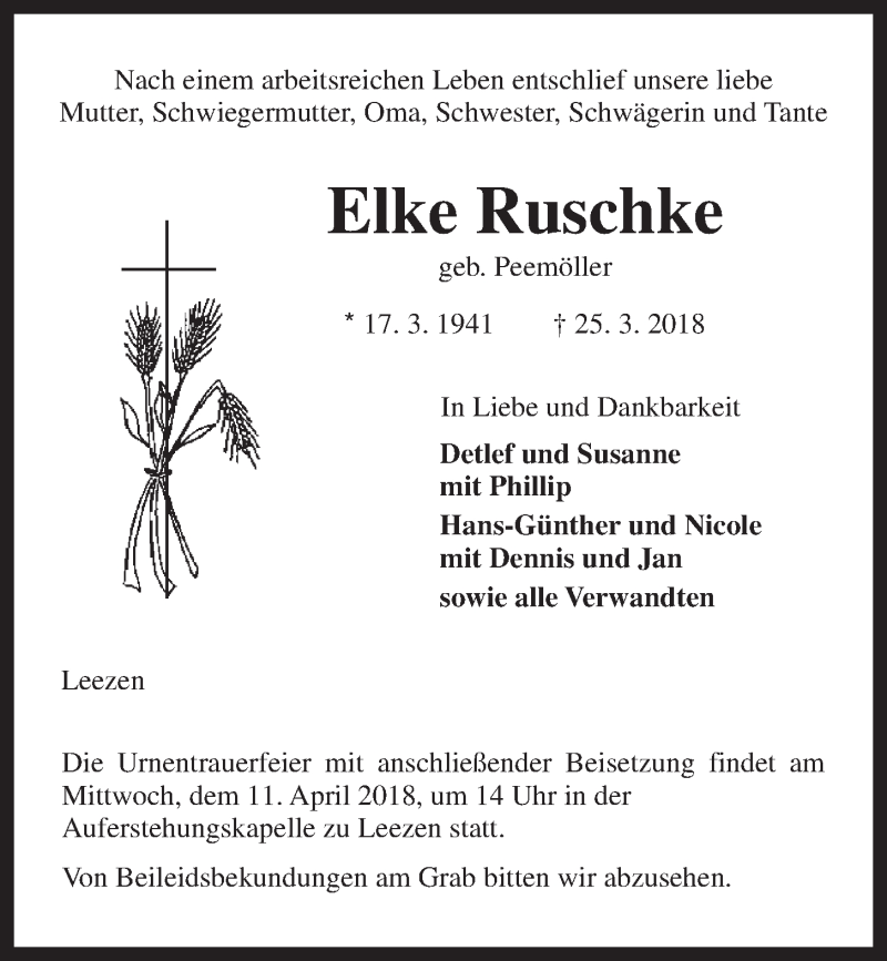 Traueranzeigen Von Elke Ruschke Trauer Anzeigen De