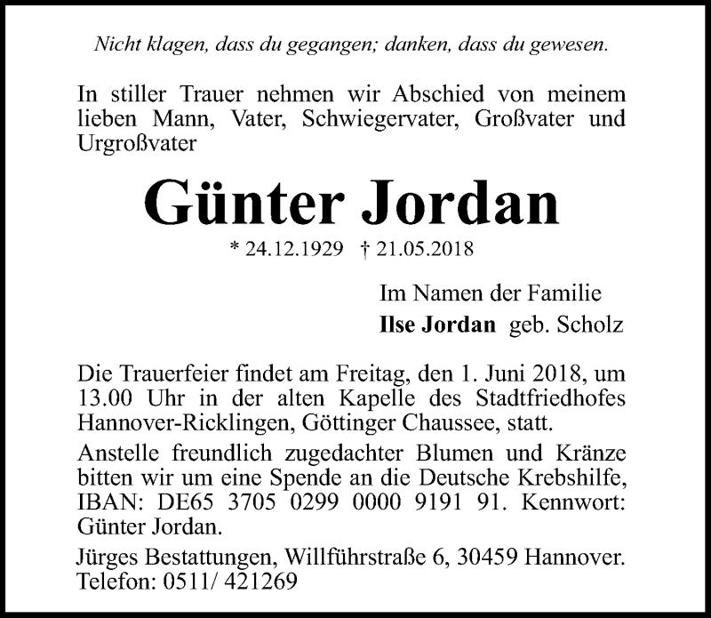 Traueranzeigen von Günter Jordan trauer anzeigen de