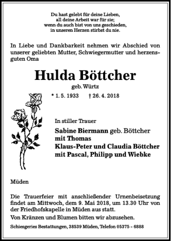 Traueranzeigen Von Hulda B Ttcher Trauer Anzeigen De