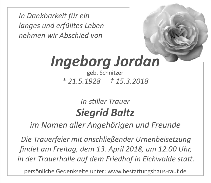 Traueranzeigen Von Ingeborg Jordan Trauer Anzeigen De