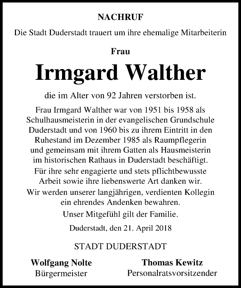 Traueranzeigen Von Irmgard Walther Trauer Anzeigen De