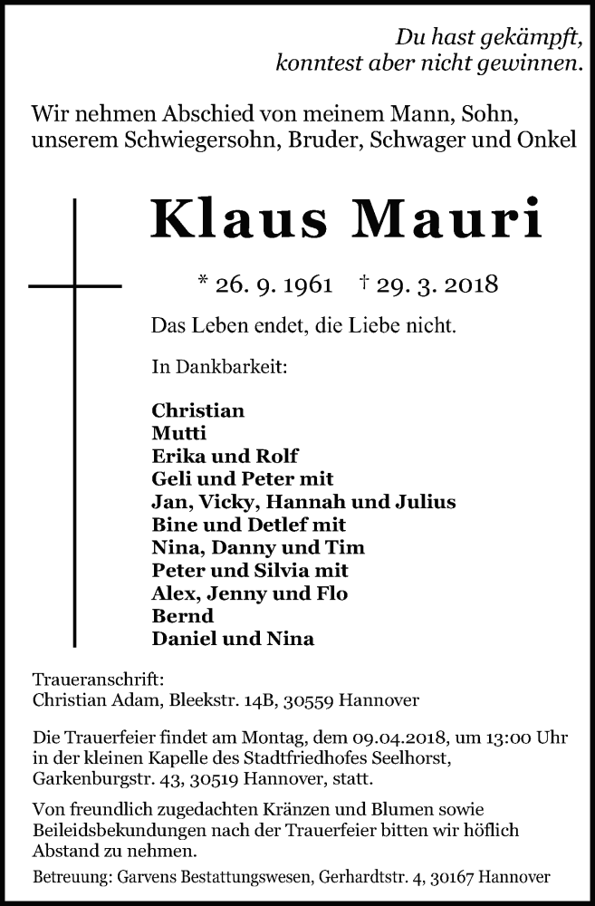 Traueranzeigen Von Klaus Mauri Trauer Anzeigen De