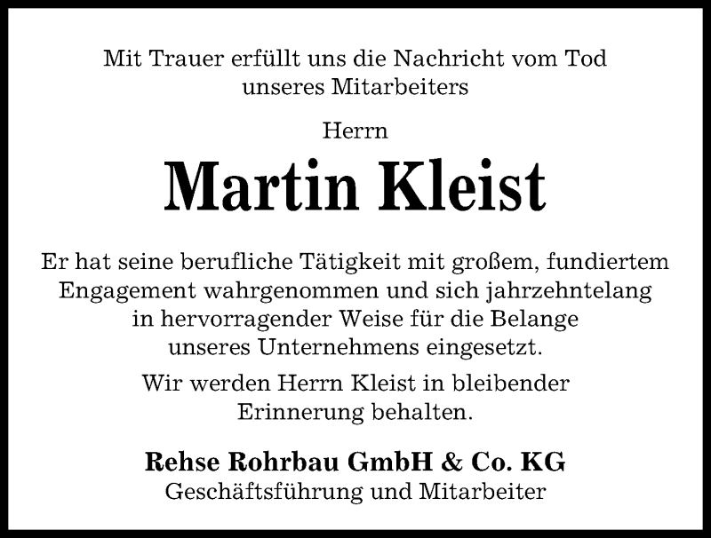 Traueranzeigen Von Martin Kleist Trauer Anzeigen De