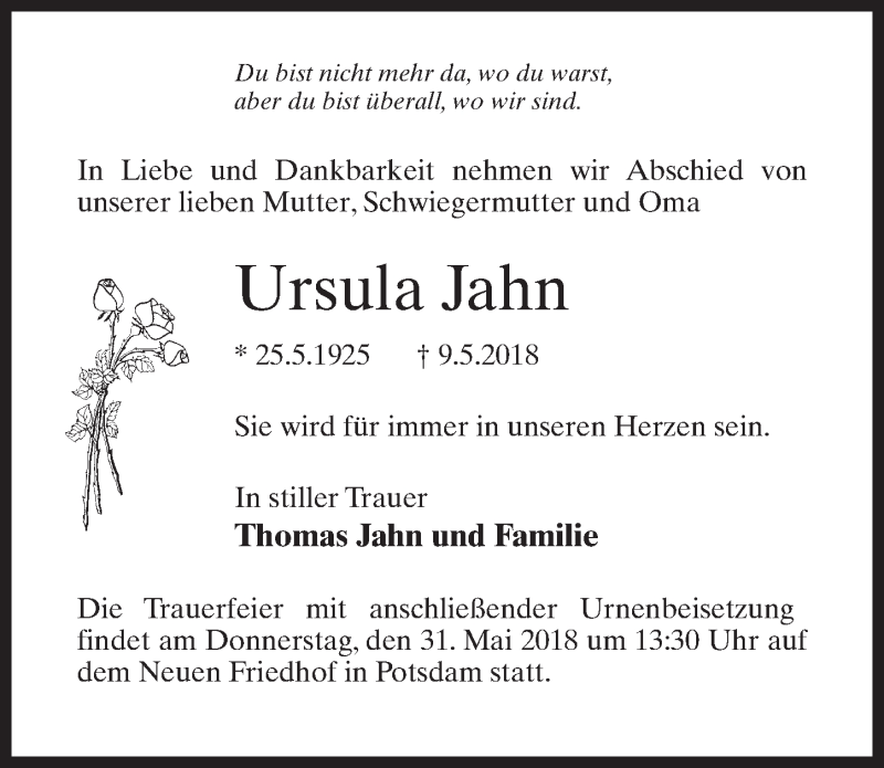 Traueranzeigen Von Ursula Jahn Trauer Anzeigen De