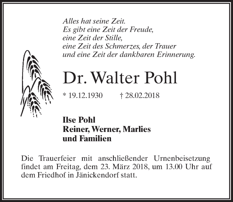 Traueranzeigen Von Walter Pohl Trauer Anzeigen De