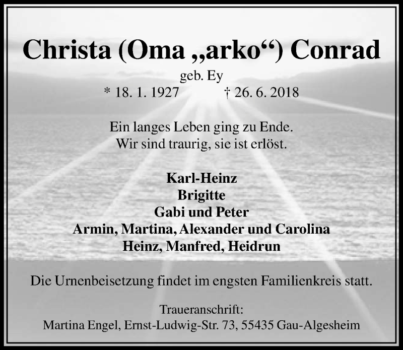 Traueranzeigen Von Christa Conrad Trauer Anzeigen De