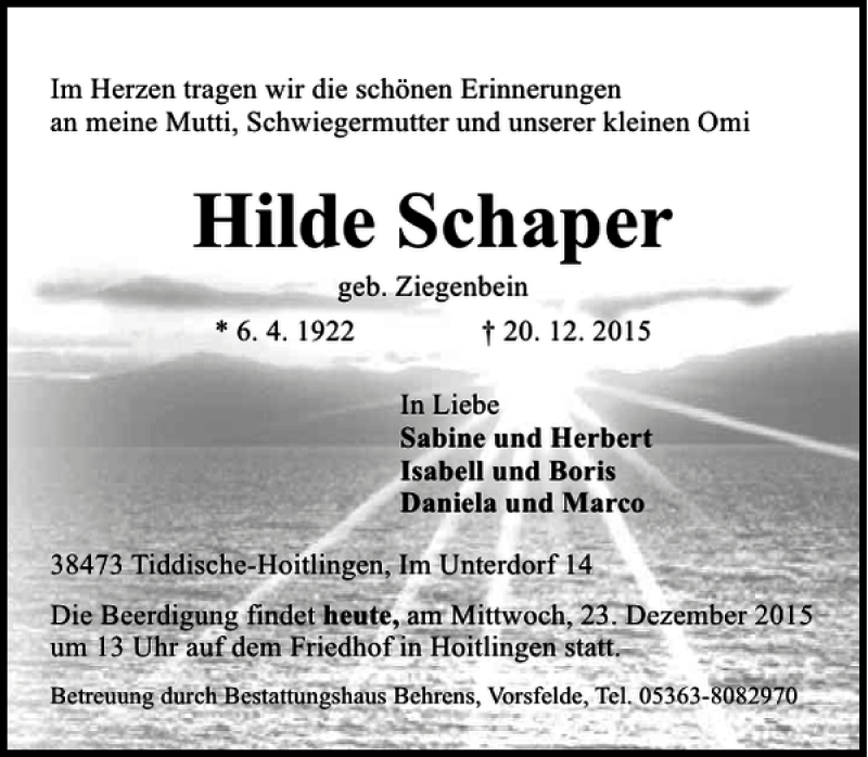 Traueranzeigen Von Hilde Schaper Trauer Anzeigen De