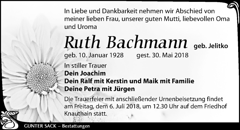 Traueranzeigen Von Ruth Bachmann Trauer Anzeigen De