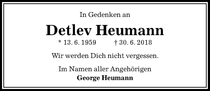 Traueranzeigen Von Detlev Heumann Trauer Anzeigen De