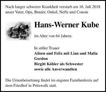 Traueranzeigen Von Hans Werner Kube Trauer Anzeigen De