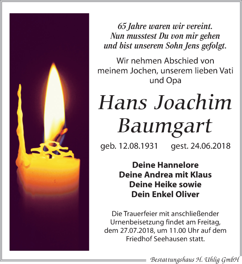 Traueranzeigen Von Hans Joachim Baumgart Trauer Anzeigen De