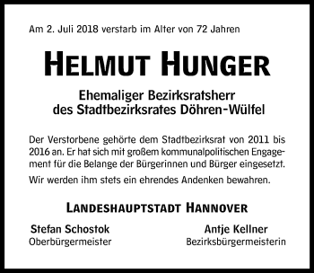 Traueranzeigen Von Helmut Hunger Trauer Anzeigen De