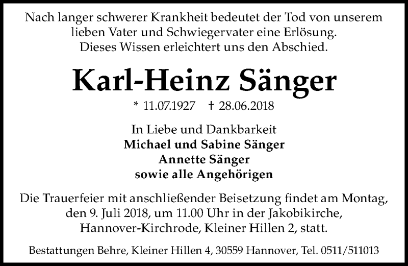 Traueranzeigen von Karl Heinz Sänger trauer anzeigen de