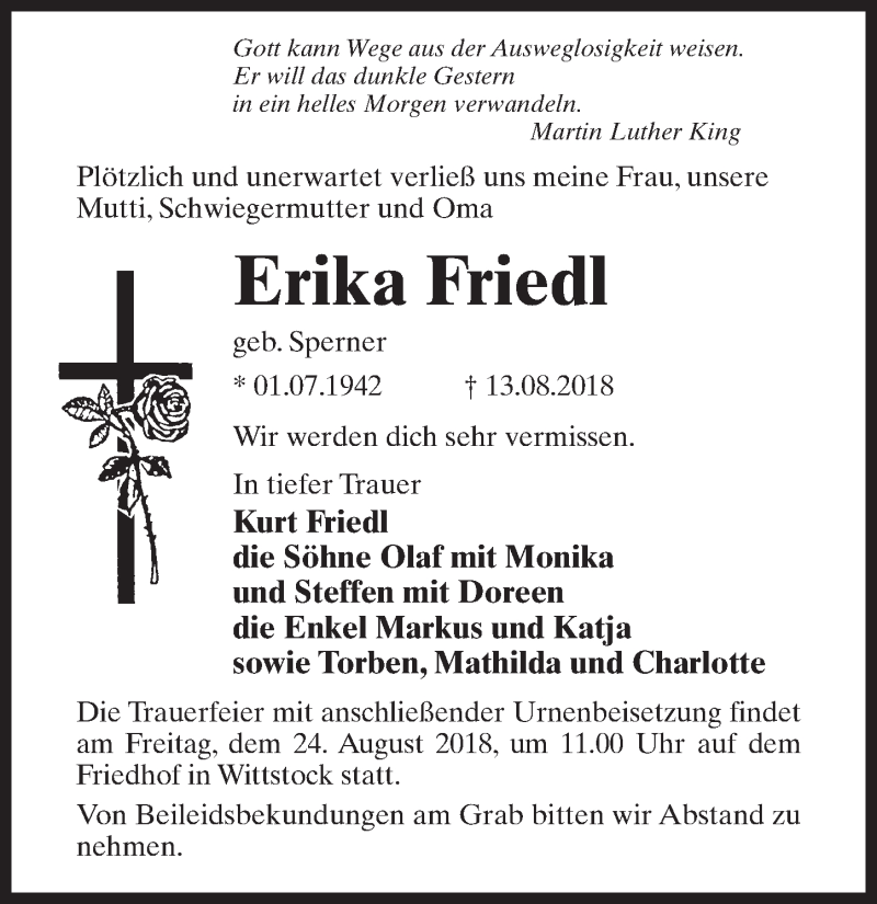 Traueranzeigen Von Erika Friedl Trauer Anzeigen De