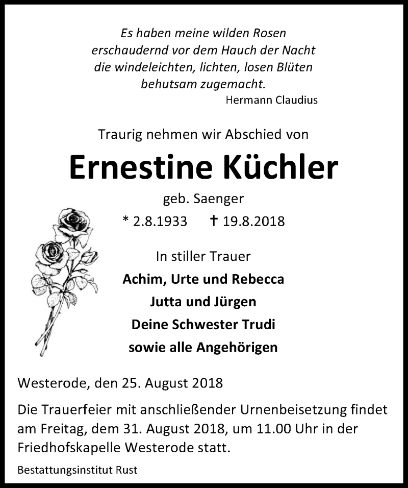 Traueranzeigen Von Ernestine K Chler Trauer Anzeigen De