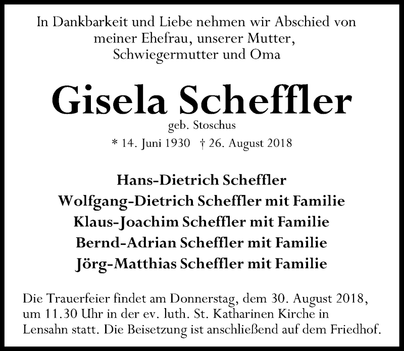 Traueranzeigen Von Gisela Scheffler Trauer Anzeigen De