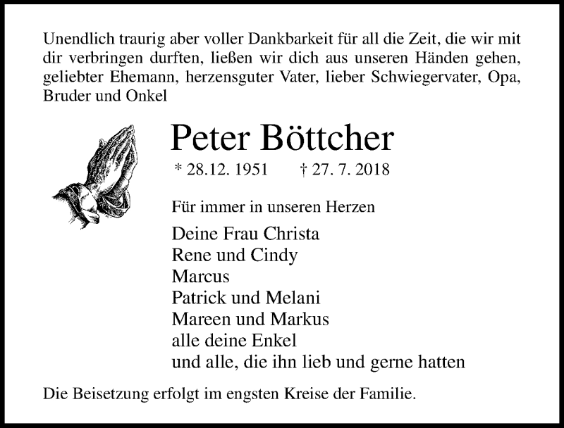 Traueranzeigen von Peter Böttcher trauer anzeigen de