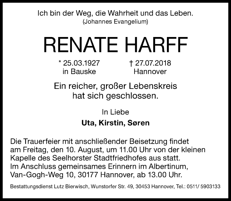 Traueranzeigen Von Renate Harff Trauer Anzeigen De