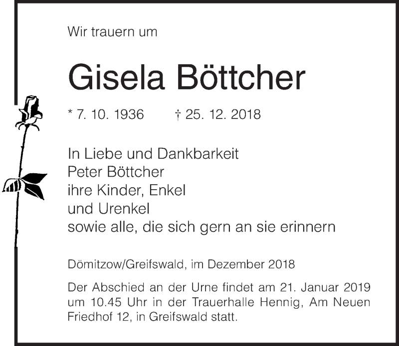 Traueranzeigen von Gisela Böttcher trauer anzeigen de