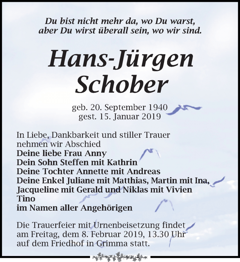 Traueranzeigen von Hans Jürgen Schober trauer anzeigen de