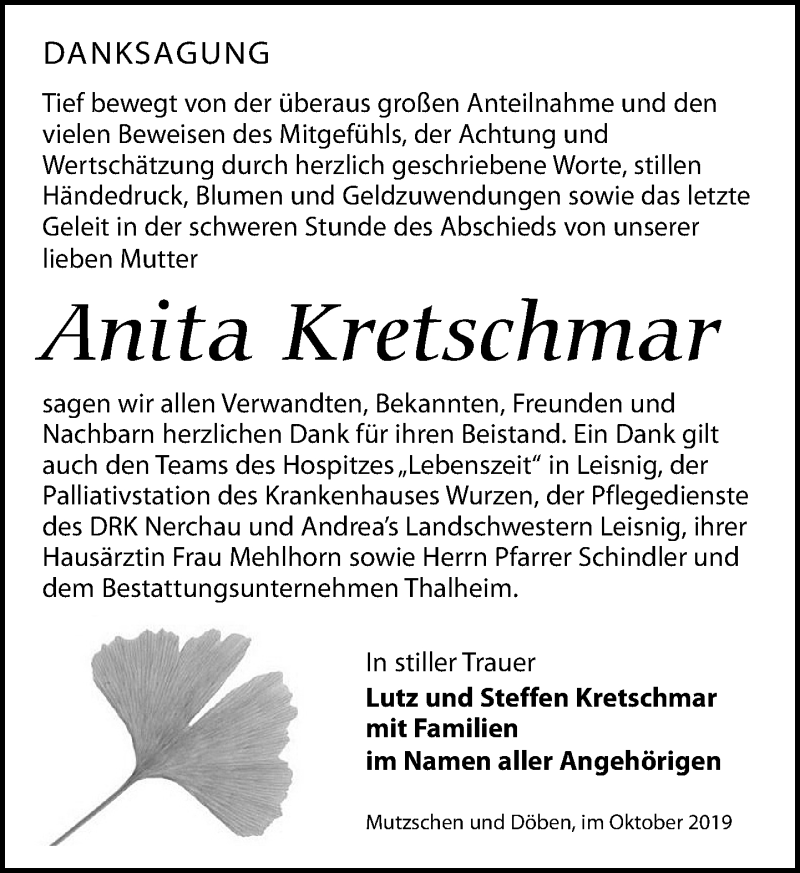 Traueranzeigen Von Anita Kretschmar Trauer Anzeigen De