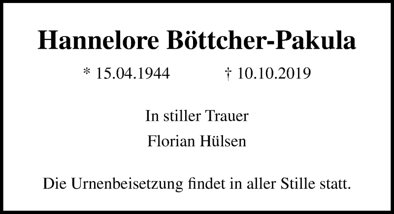 Traueranzeigen Von Hannelore B Ttcher Pakula Trauer Anzeigen De