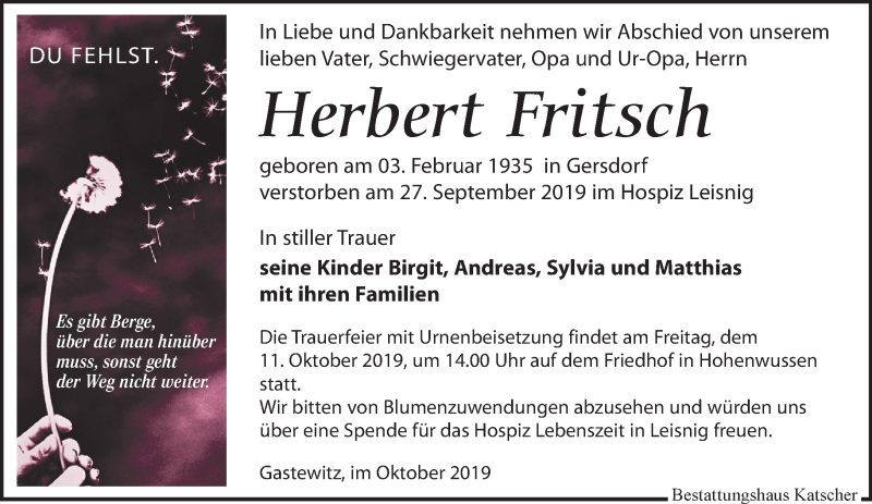 Traueranzeigen Von Herbert Fritsch Trauer Anzeigen De