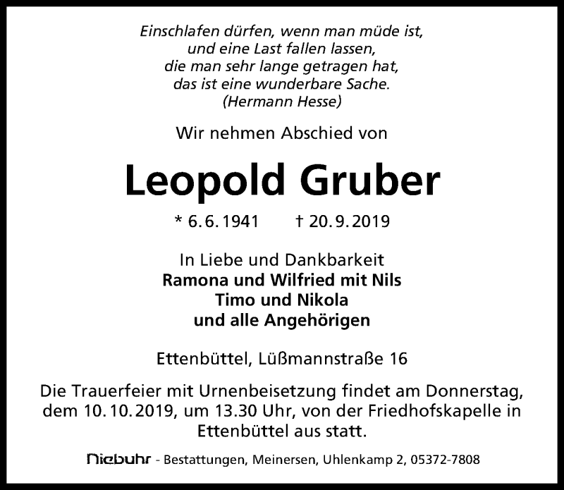 Traueranzeigen Von Leopold Gruber Trauer Anzeigen De