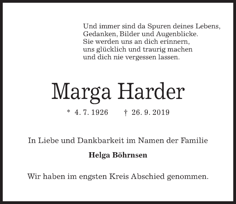 Traueranzeigen Von Marga Harder Trauer Anzeigen De