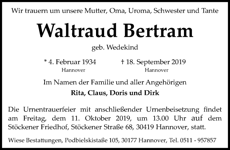 Traueranzeigen Von Waltraud Bertram Trauer Anzeigen De