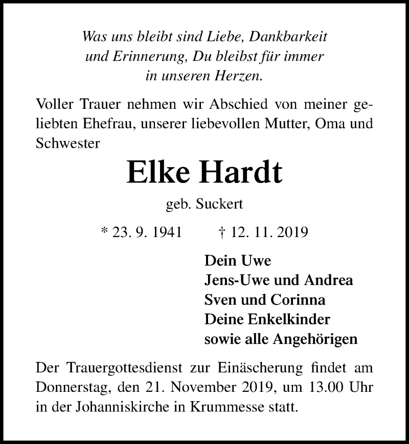 Traueranzeigen Von Elke Hardt Trauer Anzeigen De