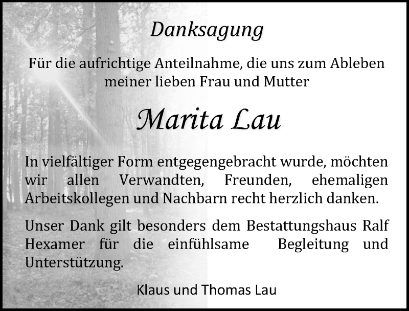 Traueranzeigen Von Marita Lau Trauer Anzeigen De