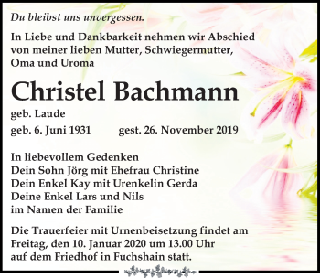 Traueranzeigen Von Christel Bachmann Trauer Anzeigen De