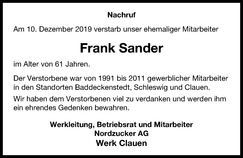 Traueranzeigen Von Frank Sander Trauer Anzeigen De