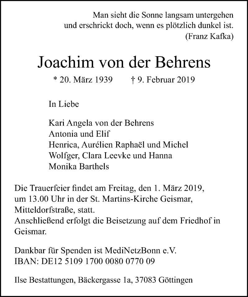 Traueranzeigen Von Joachim Von Der Behrens Trauer Anzeigen De