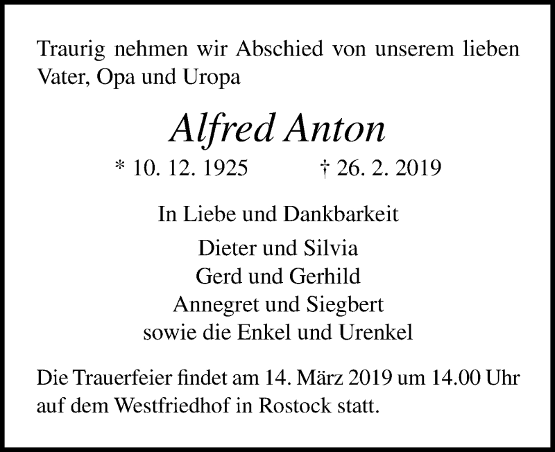 Traueranzeigen Von Alfred Anton Trauer Anzeigen De