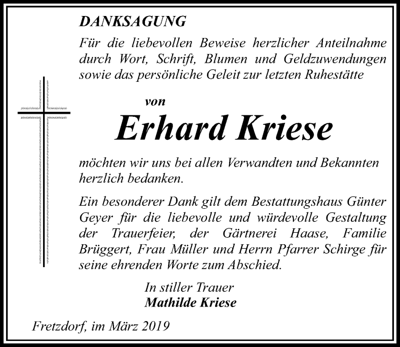 Traueranzeigen Von Erhard Kriese Trauer Anzeigen De