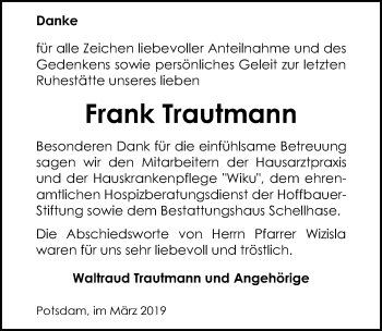 Traueranzeigen Von Frank Trautmann Trauer Anzeigen De