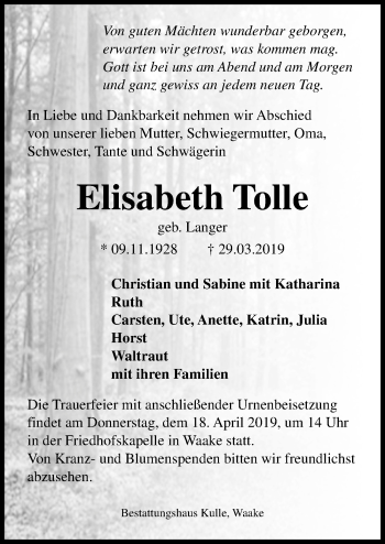 Traueranzeigen Von Elisabeth Tolle Trauer Anzeigen De