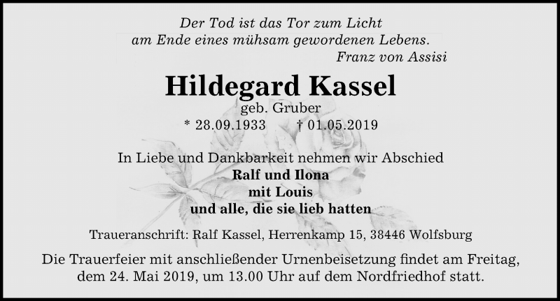 Traueranzeigen Von Hildegard Kassel Trauer Anzeigen De