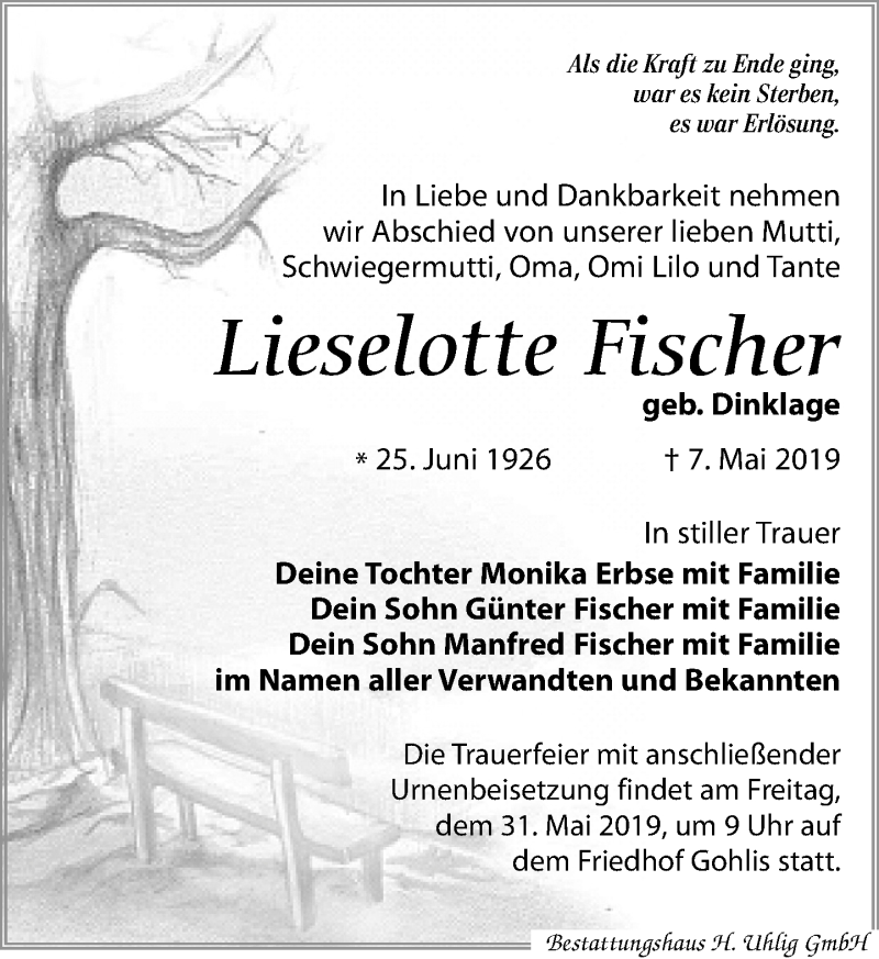 Traueranzeigen Von Lieselotte Fischer Trauer Anzeigen De