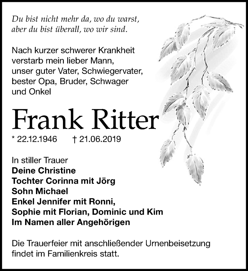 Traueranzeigen Von Frank Ritter Trauer Anzeigen De