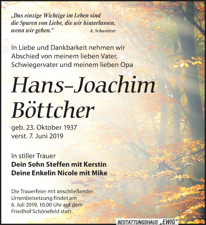 Traueranzeigen Von Hans Joachim B Ttcher Trauer Anzeigen De