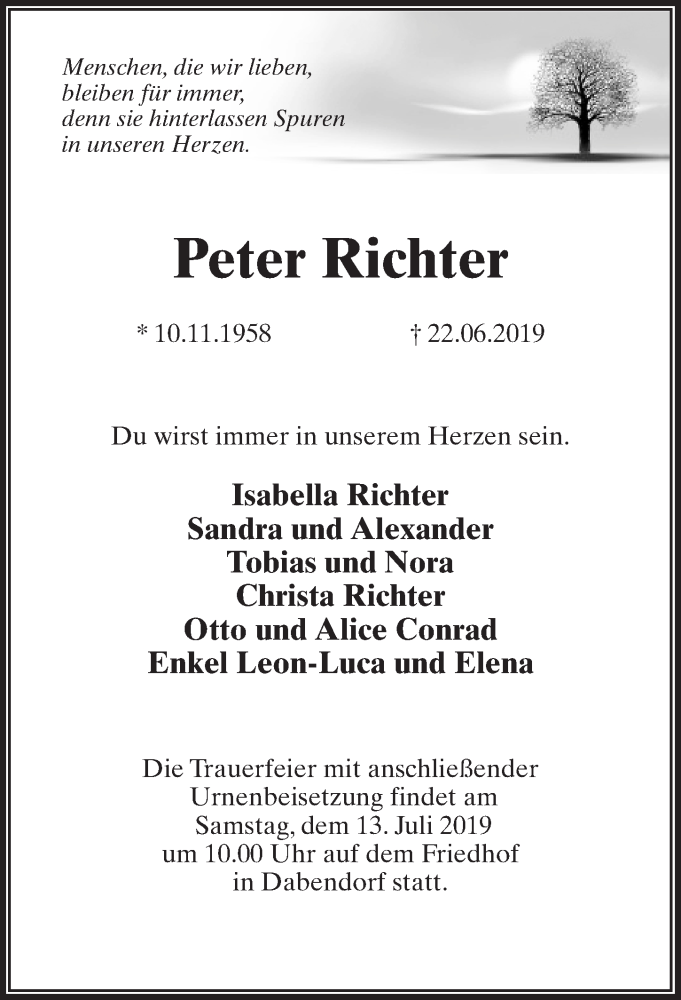 Traueranzeigen Von Peter Richter Trauer Anzeigen De