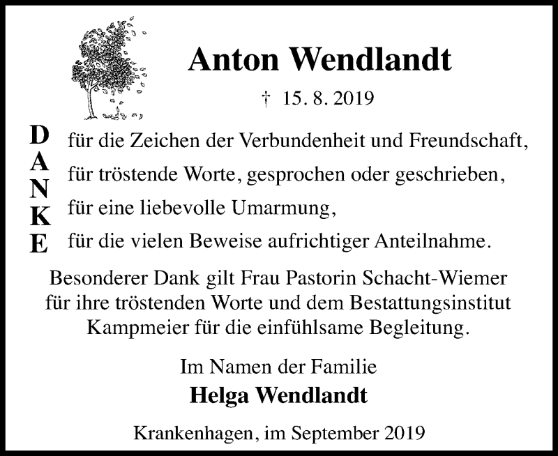 Traueranzeigen Von Anton Wendlandt Trauer Anzeigen De