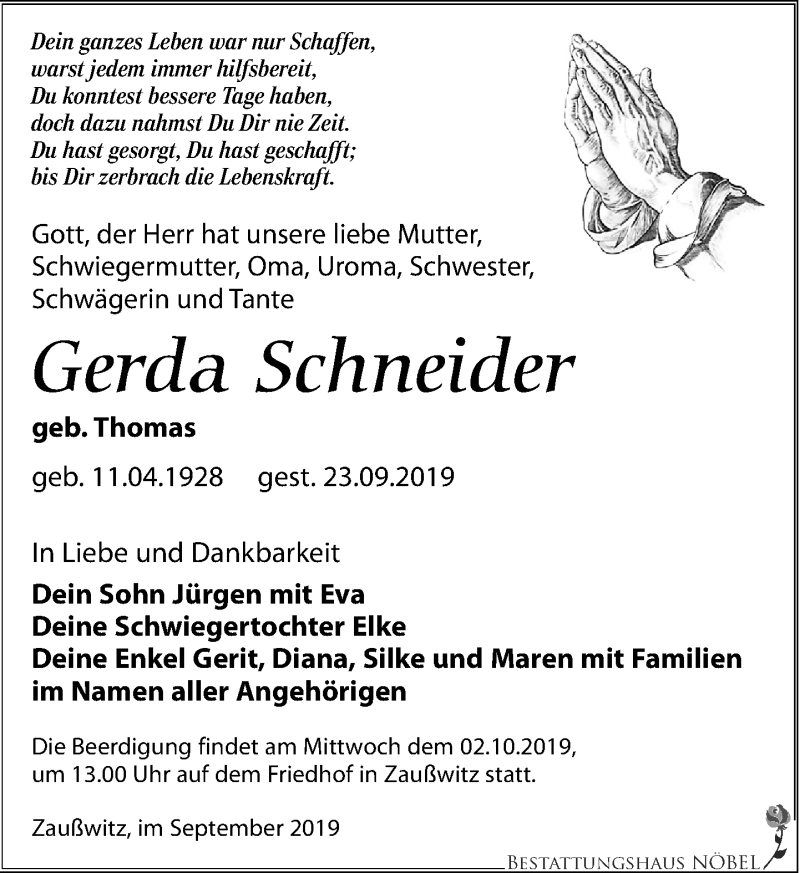 Traueranzeigen Von Gerda Schneider Trauer Anzeigen De