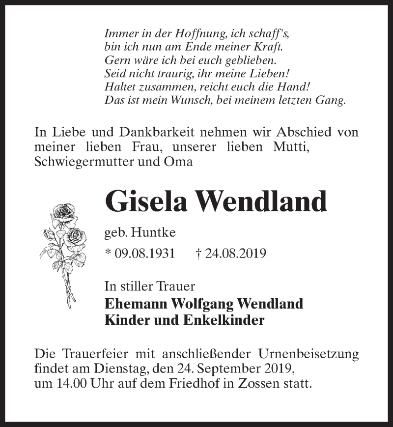 Traueranzeigen Von Gisela Wendland Trauer Anzeigen De